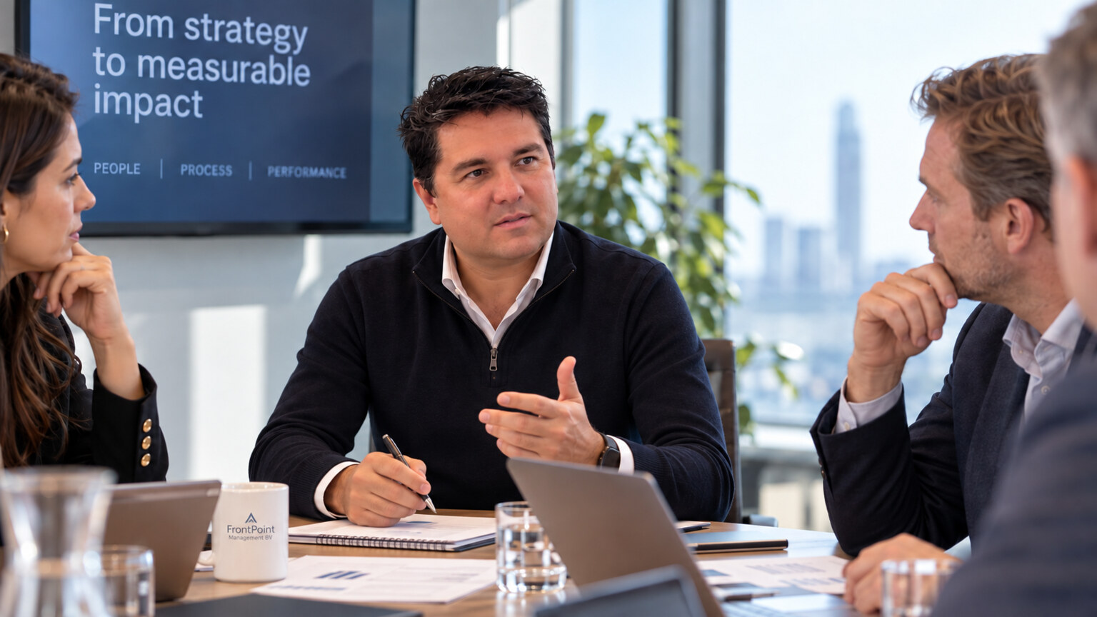 Elroy discussing business priorities with colleagues around a boardroom table