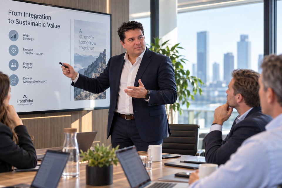 Elroy presenting an approach to integration and sustainable business value to colleagues in a boardroom